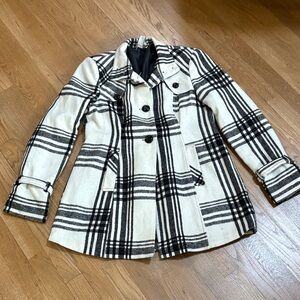 Charlotte Russe Ivory and Black Checkered Pea Coat
